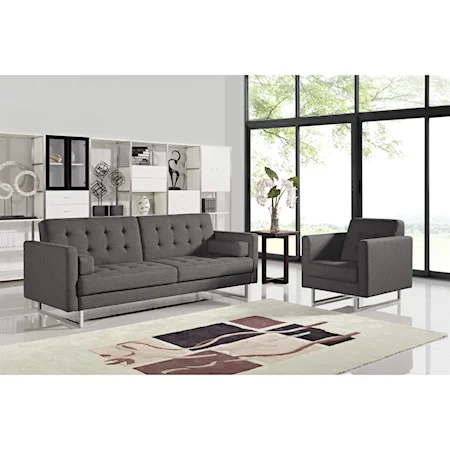 Convertible Grey Tufted Polyester Fabric Sofa with Chair 2-Piece Set